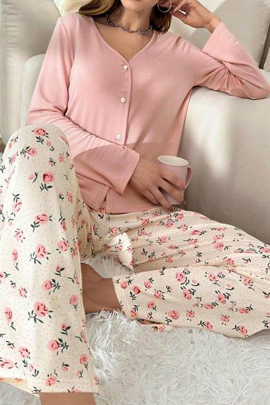 Bella Notte Toz Pembe V Yaka Pamuklu Pijama Takımı 7087