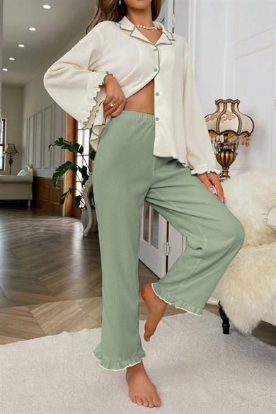 Bella Notte Uzun Kollu Yeşil Kruvaze Yaka Fırfır Detaylı Pijama Takımı 77007/YEŞİL/S