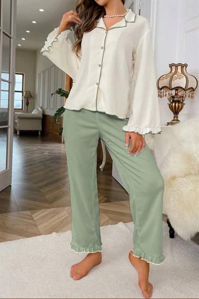 Bella Notte Uzun Kollu Yeşil Kruvaze Yaka Fırfır Detaylı Pijama Takımı 77007/YEŞİL/S