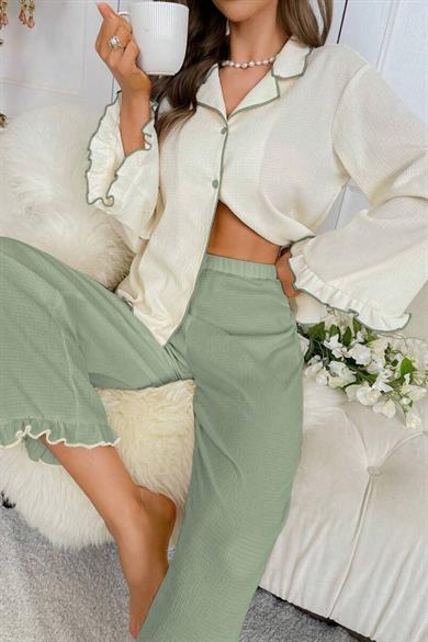 Bella Notte Uzun Kollu Yeşil Kruvaze Yaka Fırfır Detaylı Pijama Takımı 77007/YEŞİL/S