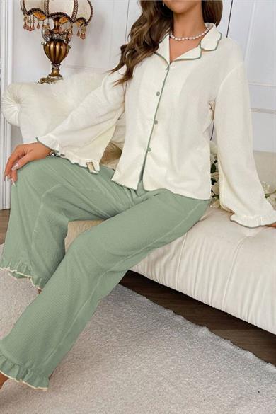Bella Notte Uzun Kollu Yeşil Kruvaze Yaka Fırfır Detaylı Pijama Takımı 77007/YEŞİL/S