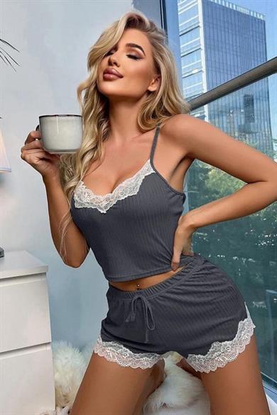 Bella Notte Viscose Anthracite Lace Detailed Stylish Shorts Set 7000