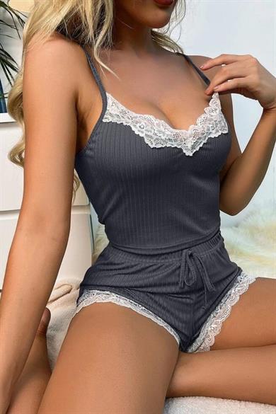 Bella Notte Viscose Anthracite Lace Detailed Stylish Shorts Set 7000