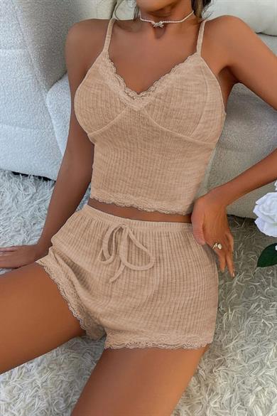 Bella Notte Viscose Dark Cream Lace Nice Shorts Set 7509