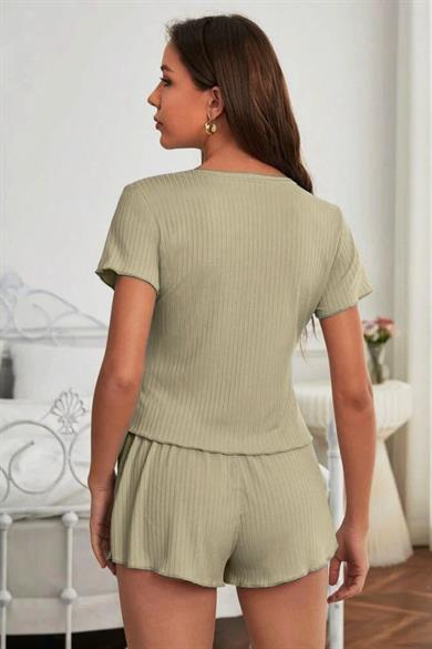 Bella Notte Viscose Mint Green Button Detailed Short Sleeve Shorts Set 7508