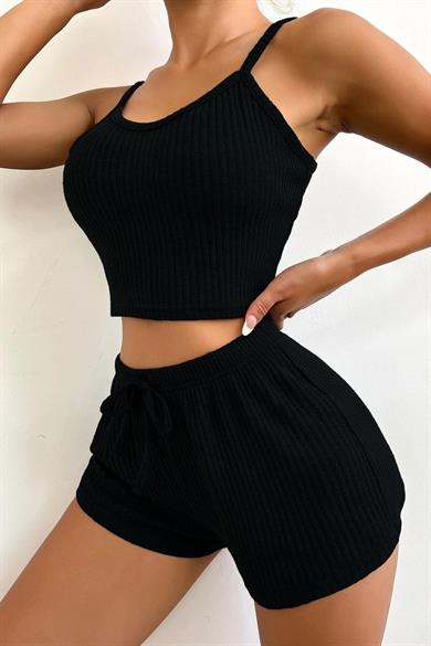 Bella Notte Viscose Black Strappy Crop Shorts Set 7011