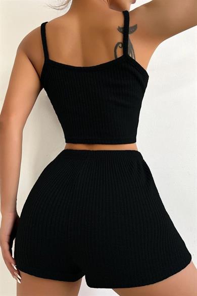 Bella Notte Viscose Black Strappy Crop Shorts Set 7011