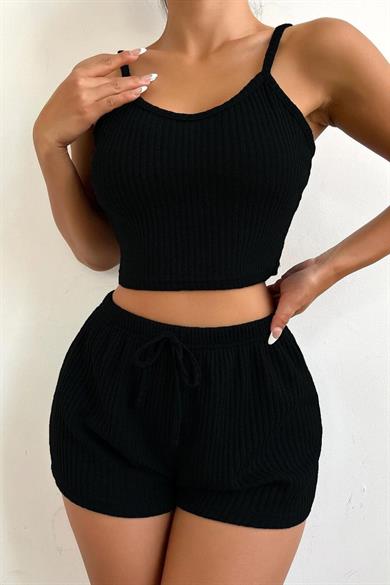 Bella Notte Viscose Black Strappy Crop Shorts Set 7011