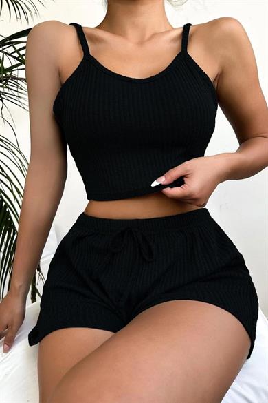 Bella Notte Viscose Black Strappy Crop Shorts Set 7011