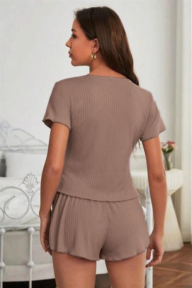 Bella Notte Viscose Mink Button Detailed Short Sleeve Shorts Set 7507