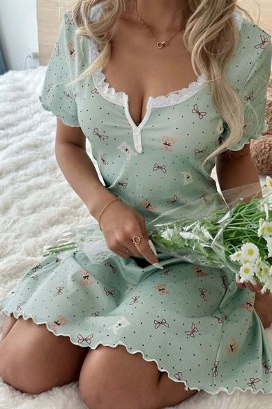 Bella Notte Yeşil Ayıcık ve Fiyonk Desenli Mini Ev Giyim Gecelik 15997