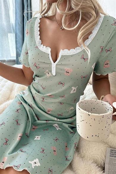 Bella Notte Yeşil Ayıcık ve Fiyonk Desenli Mini Ev Giyim Gecelik 15997