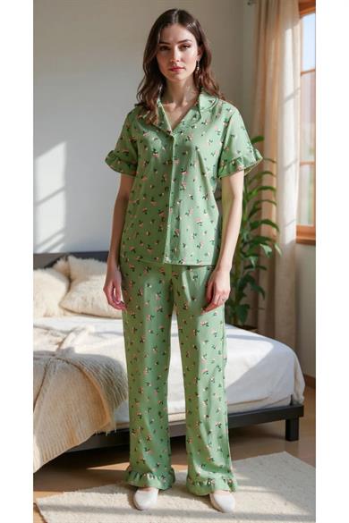 Bella Notte Yeşil Çiçekli Yaz Esintili Pijama Takımı 7345