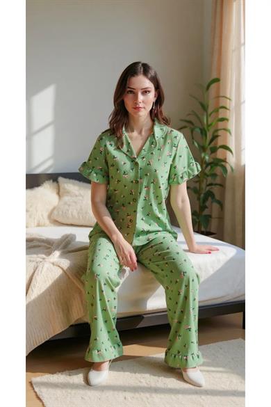 Bella Notte Yeşil Çiçekli Yaz Esintili Pijama Takımı 7345