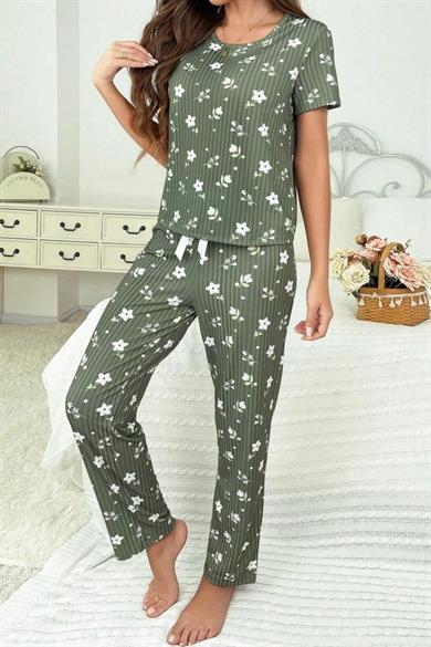 Bella Notte Yeşil Fitilli Floral Kısa Kollu Pijama Takımı 7303
