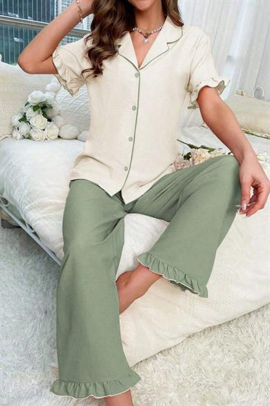Bella Notte Green Double-breasted Collar Ruffle Detailed Pyjama Set 7023
