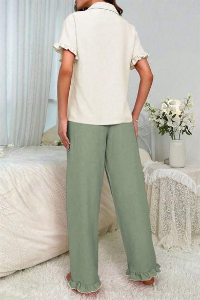 Bella Notte Green Double-breasted Collar Ruffle Detailed Pyjama Set 7023