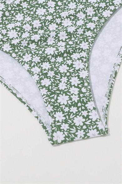 Bella Notte Yeşil Mini Papatya Desenli Etekli 3 lü Mayo Bikini Takım M-9013