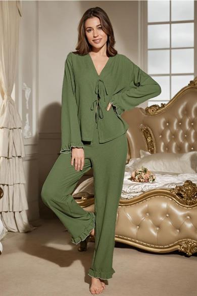 Bella Notte Yeşil Öncen Bağlamalı V Yaka Pijama Takımı 7179