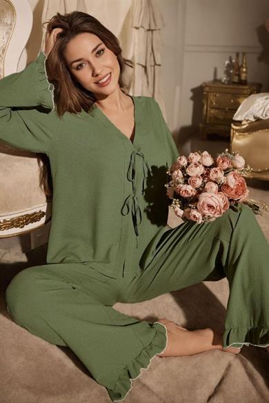 Bella Notte Yeşil Öncen Bağlamalı V Yaka Pijama Takımı 7179