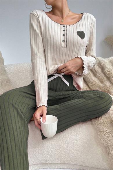 Bella Notte Yeşil Pamuklu Kalp Detaylı Pijama Takımı 7089