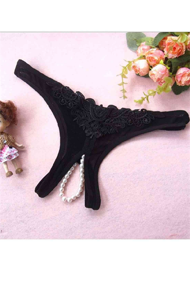 Bella Notte Black Lace Pearl Detailed Very Sexy Fantasy Thong 18007