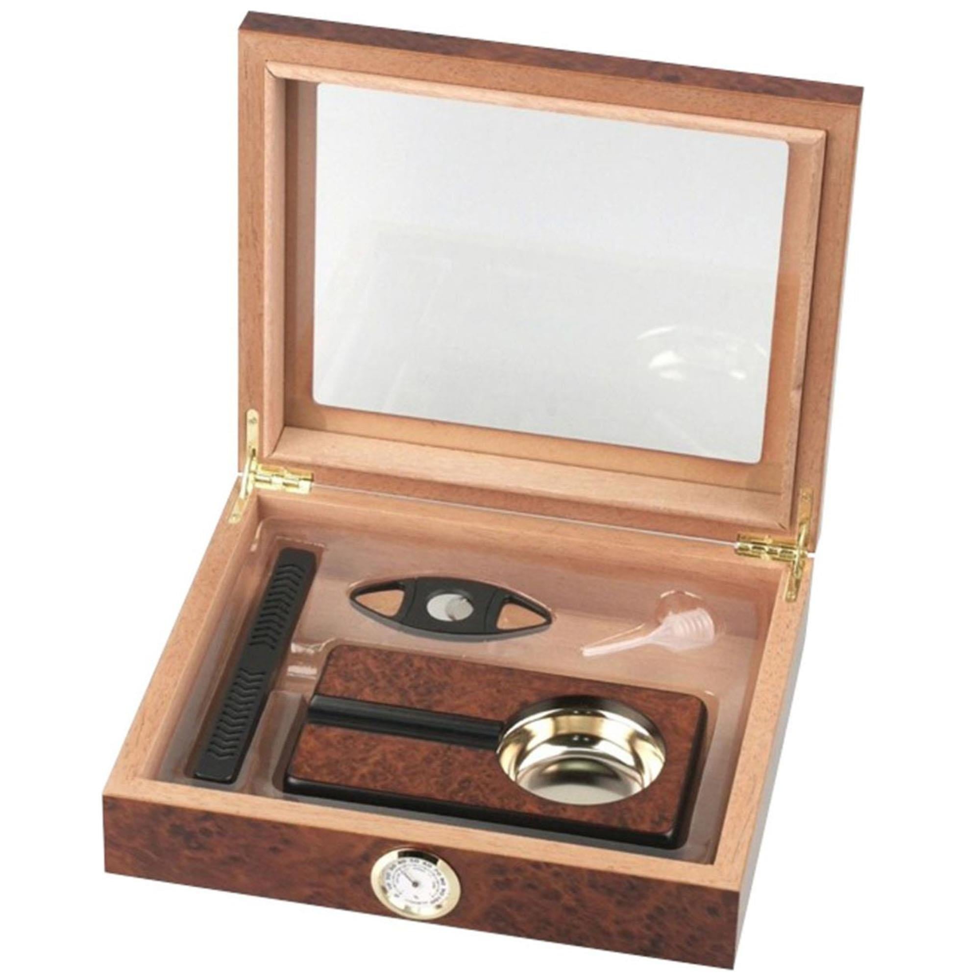 Cedar Alman Camlı Puro Kutusu Humidor Seti Kahve 15s
