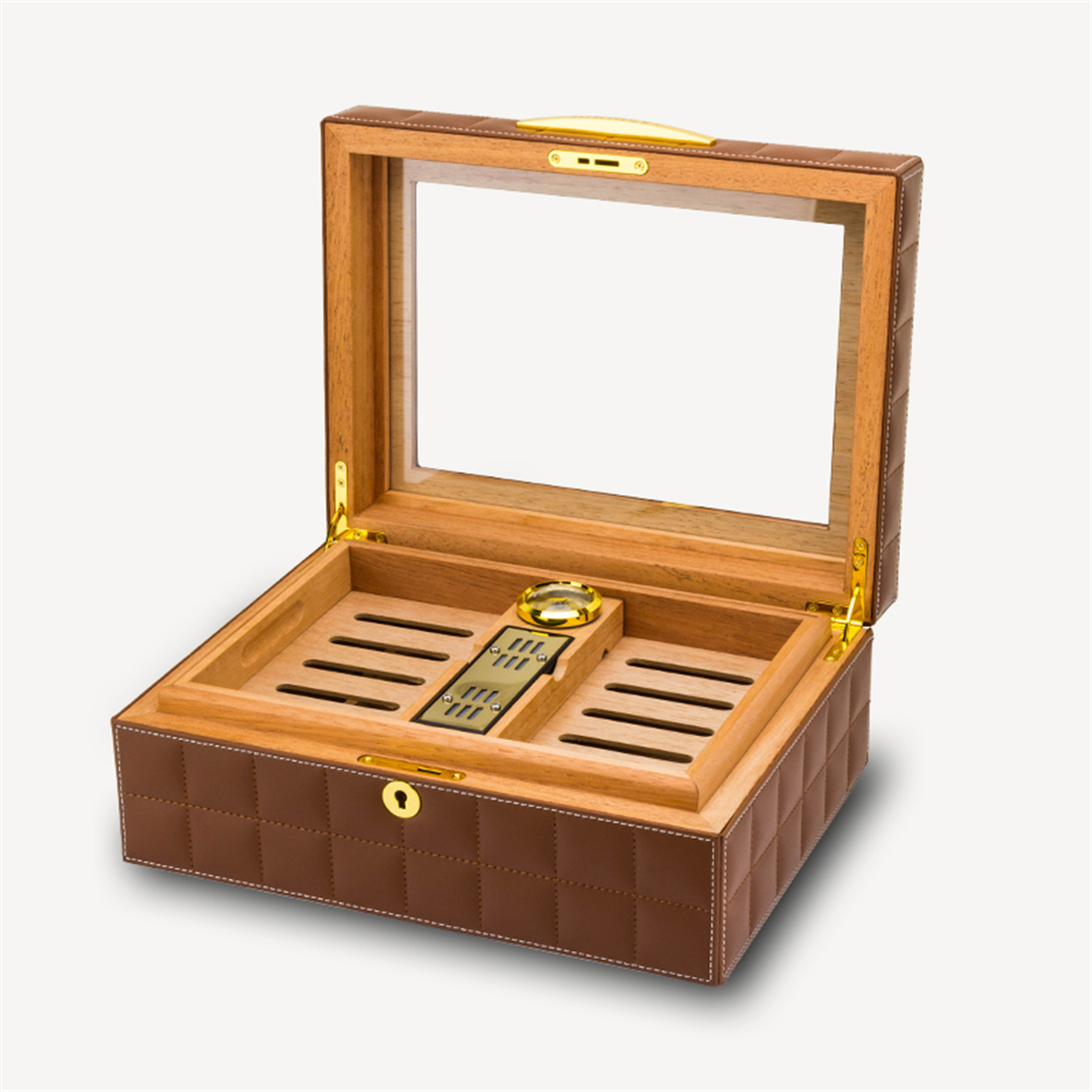Lubinski Deri Camlı Humidor Puro Kutusu Kahve 50s