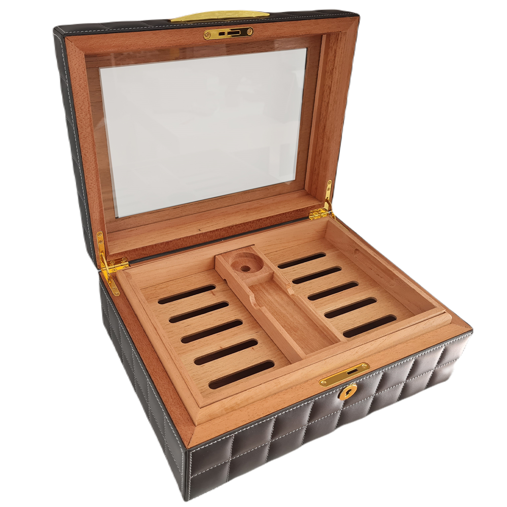 Lubinski Deri Camlı Humidor Puro Kutusu Gri 50s
