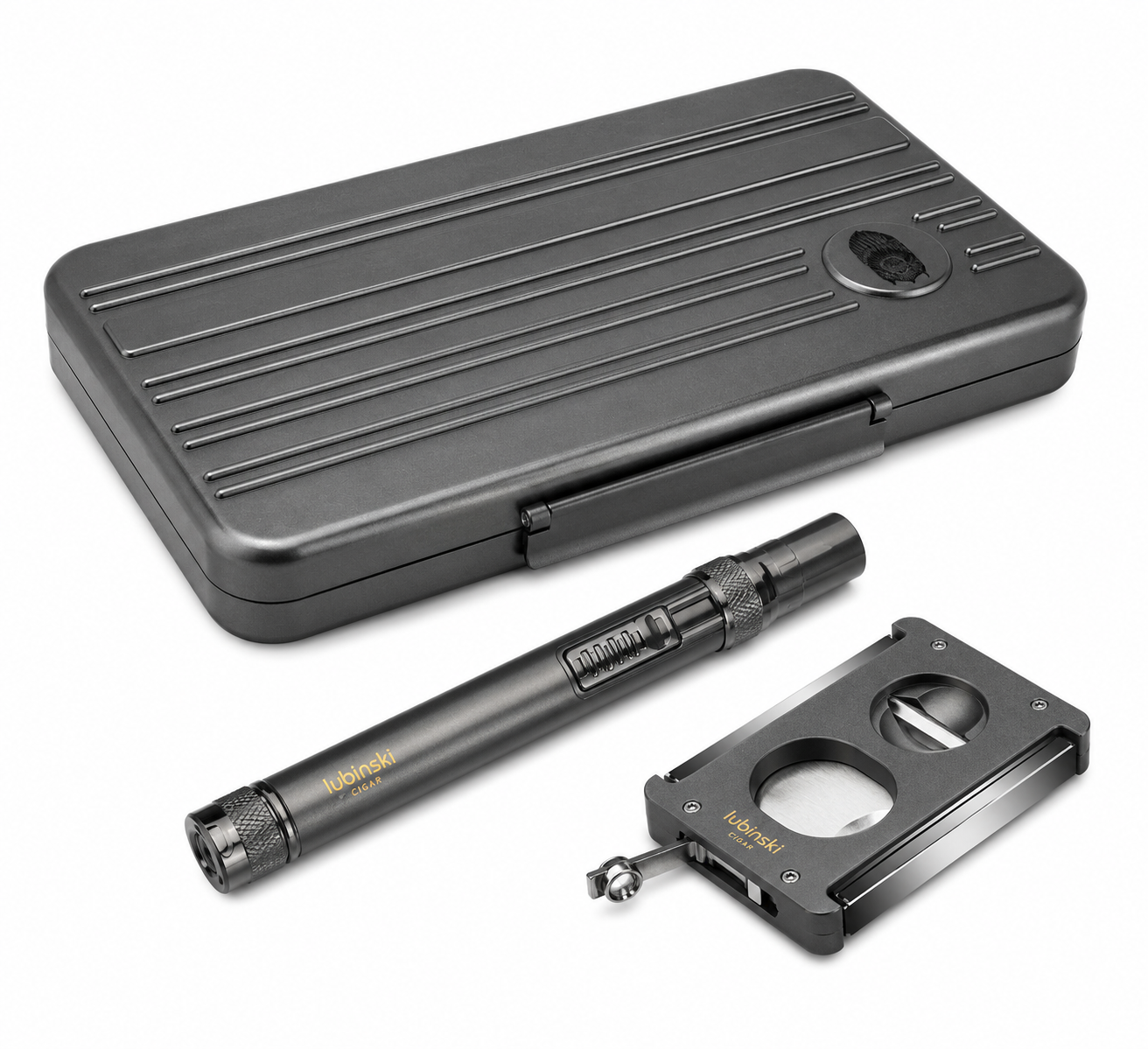Lubinski Special Edt. Aluminyum Slim Puro Taşıma Çantası Grey Çakmak+V-Cut Kesici/Delici Set