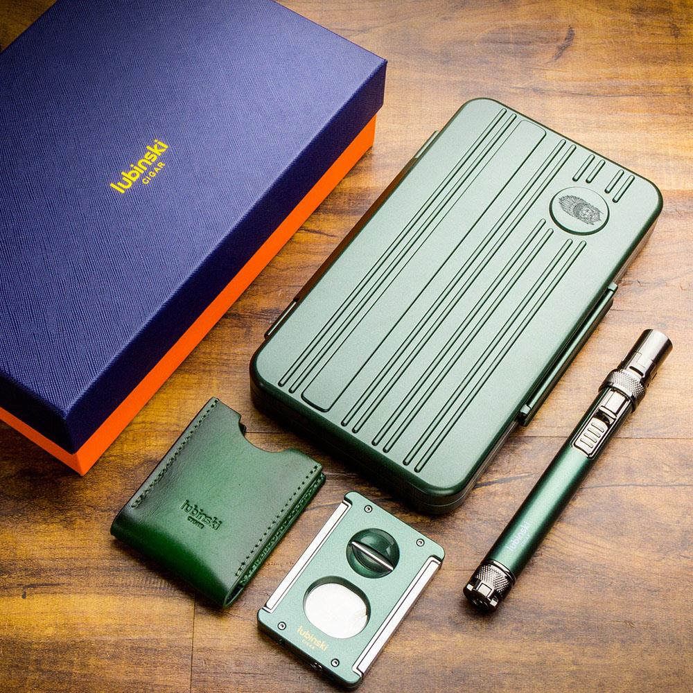 Lubinski Special Edt. Aluminyum Slim Puro Taşıma Çantası Yeşil Çakmak+V-Cut Kesici/Delici Set