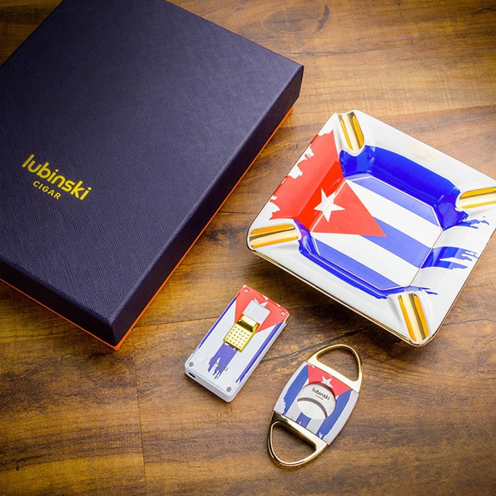 Lubinski Yeni Seri Cuban Flag Design Üçlü Puro Seti Çakmak+Kesici+Küllük