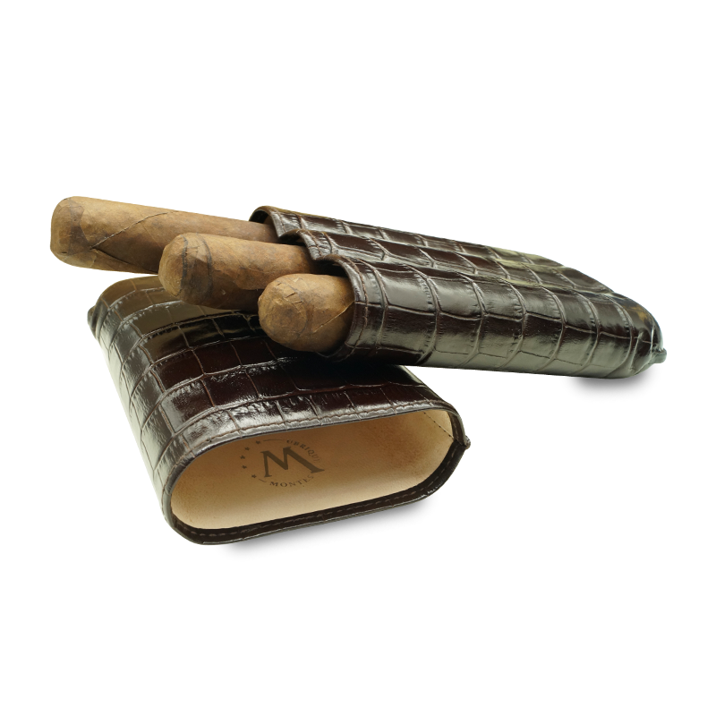 Montes Gerçek Deri El Yapımı Puro Kılıfı Üçlü (60 Ring) Croco Tabaco