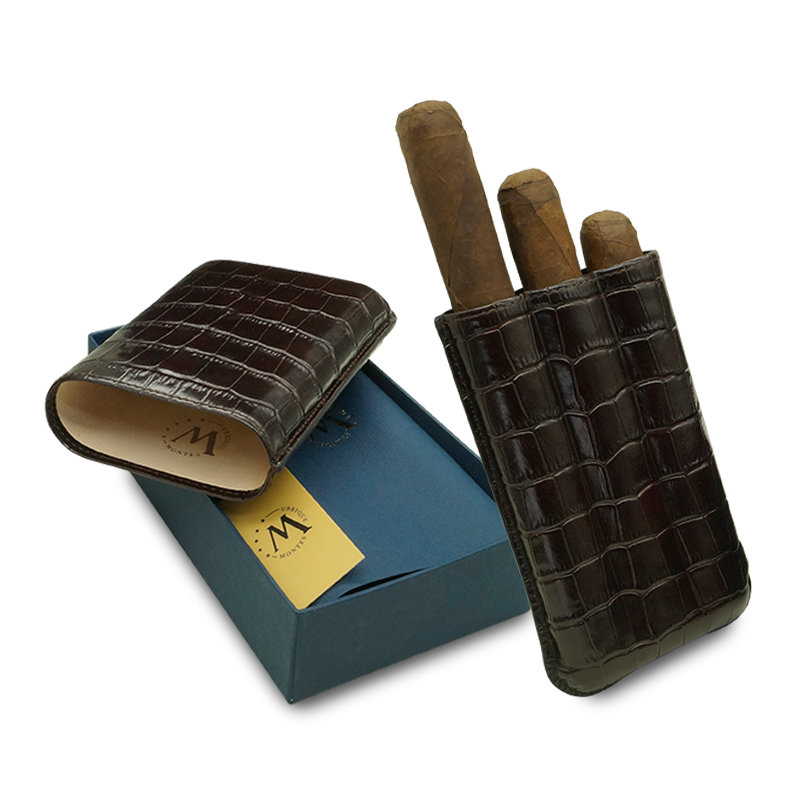 Montes Gerçek Deri El Yapımı Puro Kılıfı Üçlü (60 Ring) Croco Tabaco