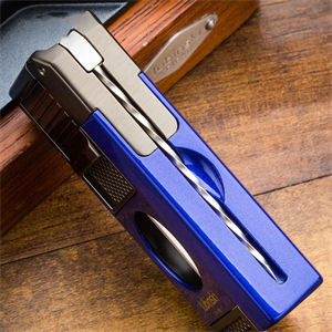 Lubinski Premium Çift Torch Puro Çakmağı Dahili V-Cut Kesici - Delici - İğne- Sehpa Mavi