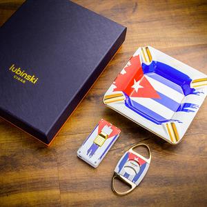 Lubinski Yeni Seri Cuban Flag Design Üçlü Puro Seti Çakmak+Kesici+Küllük