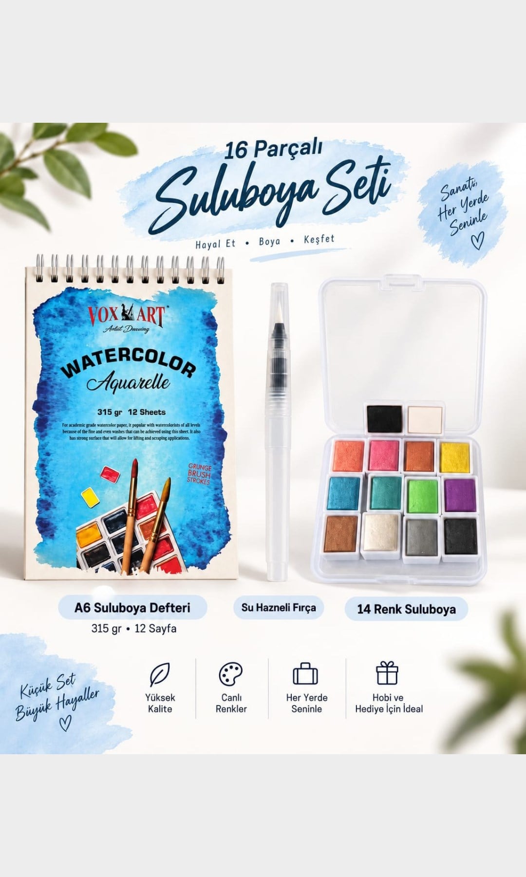 16 Parça Sulu Boya Seti - 14 Renk Tablet Boya+A6 Defter(10*15cm) ve Su Hazneli Fırça Hediyeli. Seyahat Tipi Set