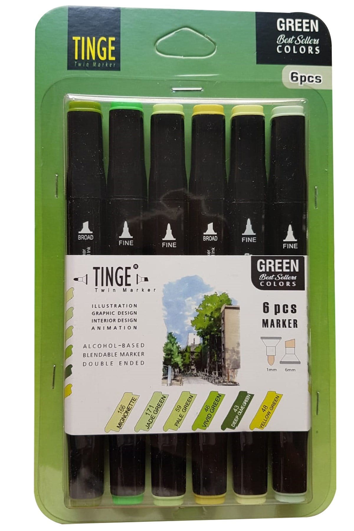 6'lı Tinge Çift Uçlu Green Marker Seti