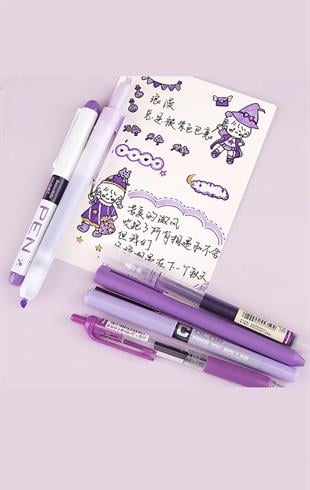 Roller Jel Kalem Seti + Fosforlu Kalem (6'lı Set) Mor Seri