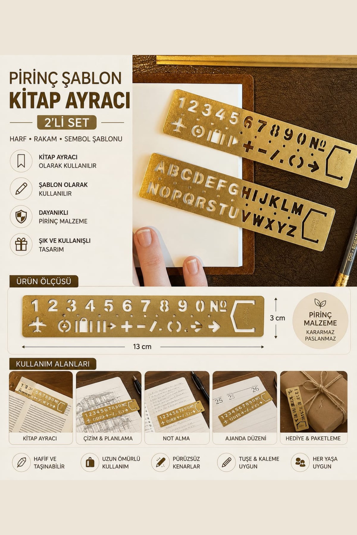 2'li Gold Kitap Ayracı ve Çizim Şablon Seti (Harf ve Rakam)
