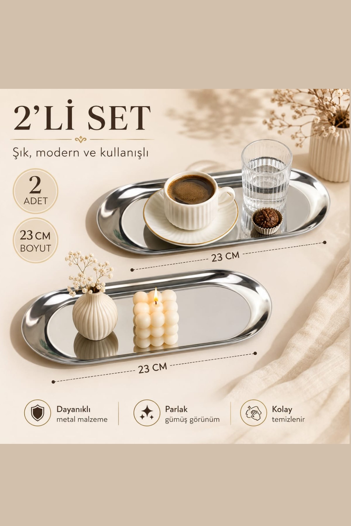 2'li Gümüş Dekoratif Sunum Tepsisi 23 cm 1 Adet