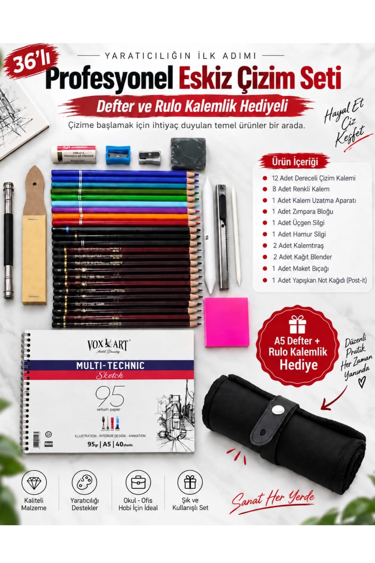 36'lı Eskiz Çizim Kalem Seti (Artist Kalite Dereceli ve Renkli Kalemler) Rulo Kalemlik ve Defter Hediyeli