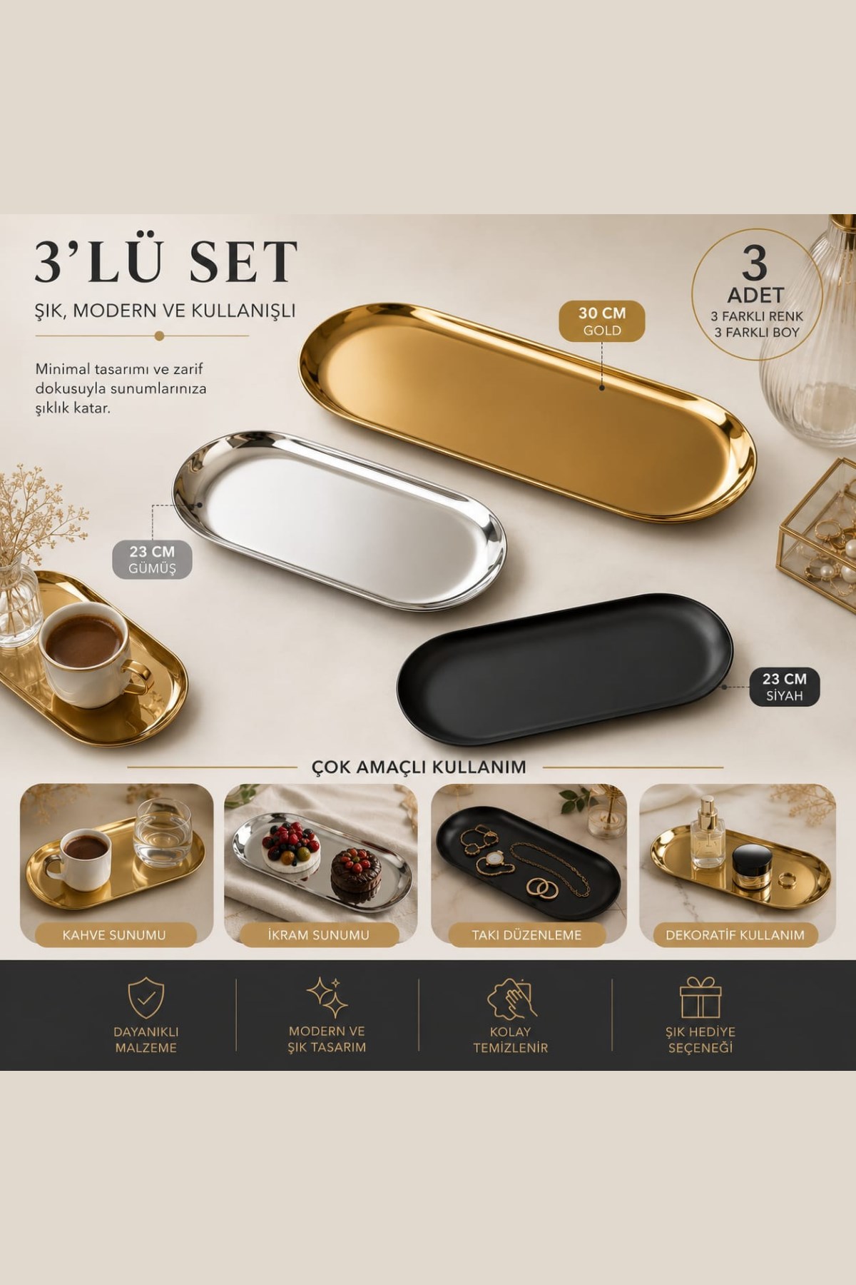 3'lü Dekoratif Sunum Tepsisi Gold-Siyah-Gümüş  (30+23+23cm)