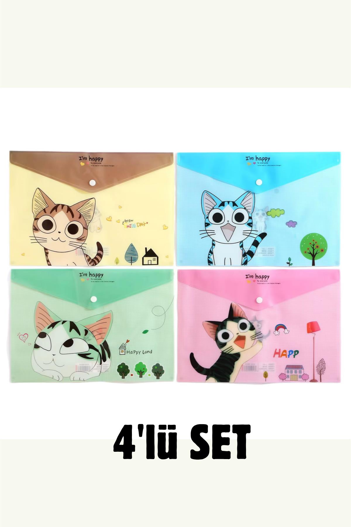 4'lü Sevimli Kedi Desenli Çıtçıtlı Dosya (A4) Renkli Transparan Plastik