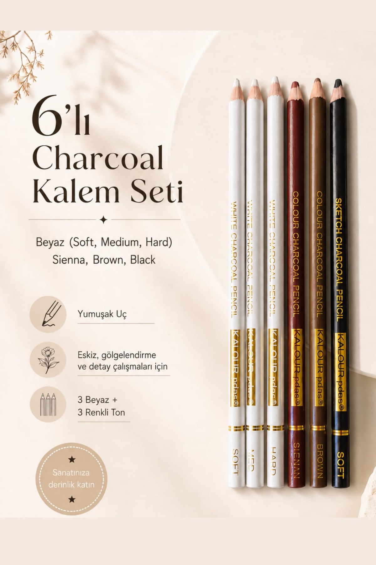 6'lı Charcoal Kömür Kalem Seti (3 ad.Beyaz Kömür Kalem + 3 Renk) Portre ve Çizim İçin