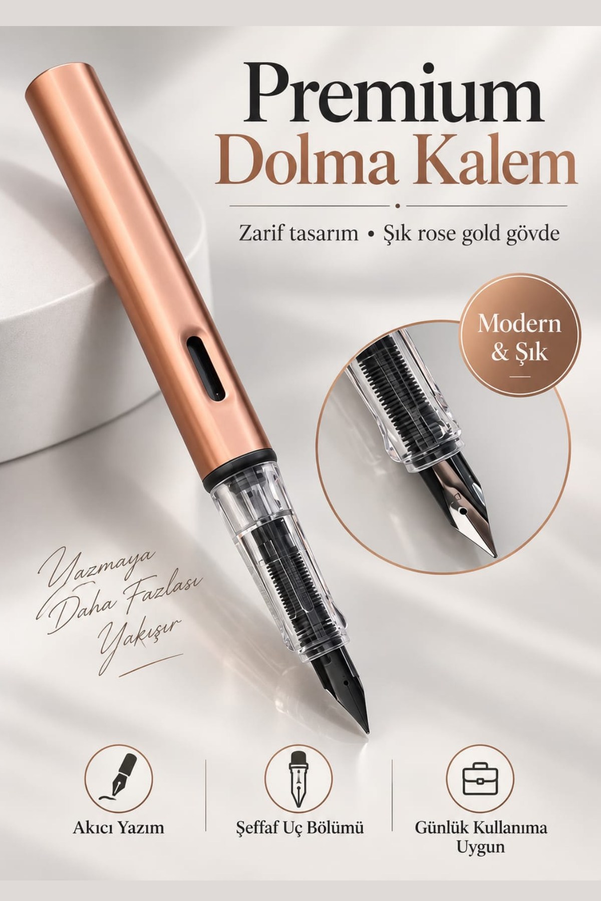 Dolma Kalem F Uç Piston Mekanizma  Roze Gold Gövde