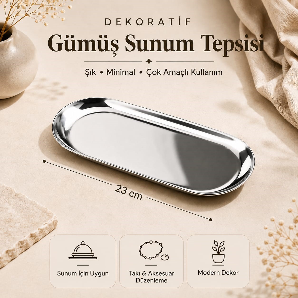 Gümüş Dekoratif Sunum Tepsisi 23 cm 1 Adet
