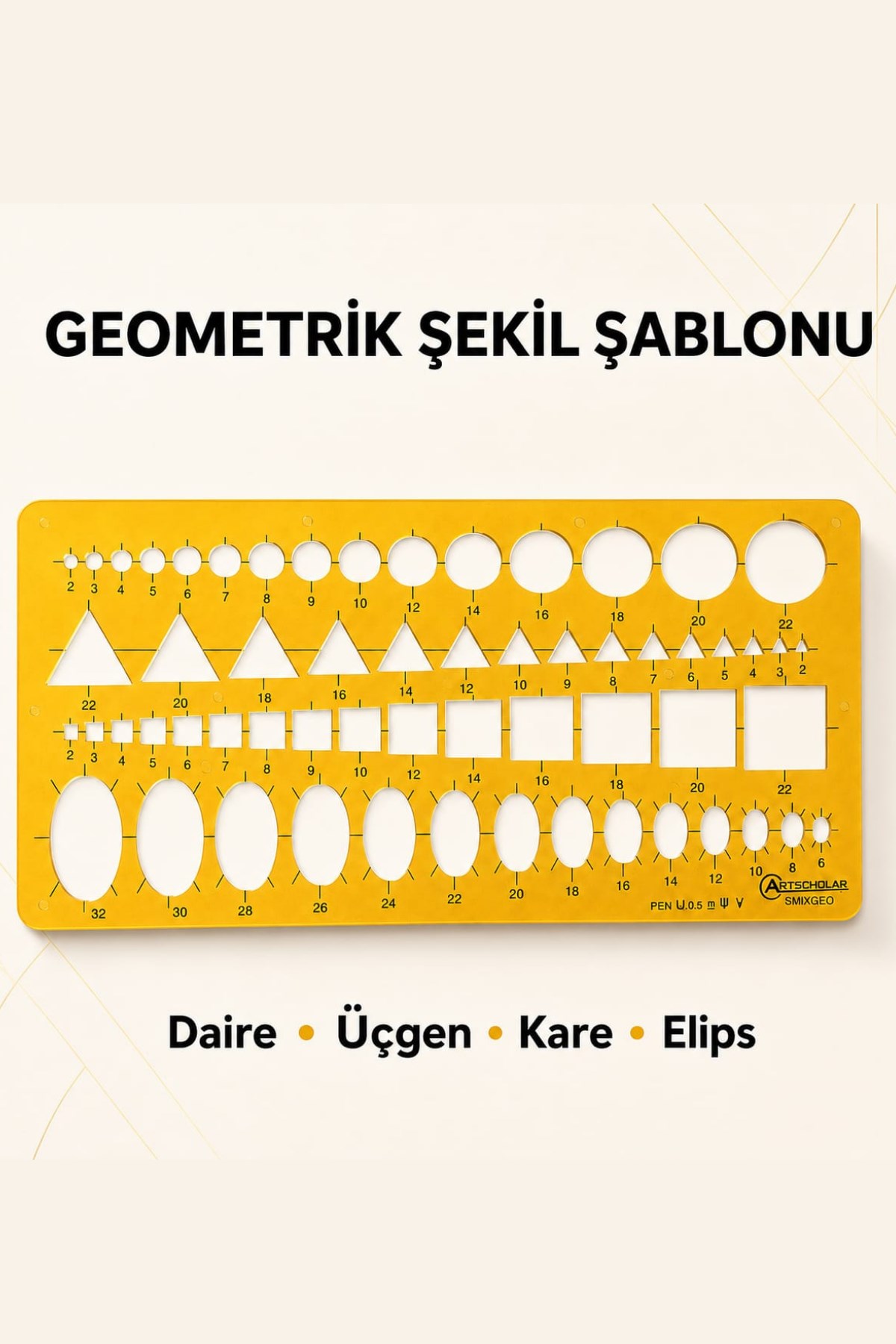 Karışık Geometrik Şekiller Çizim Şablonu (Daire,Üçgen,Kare,Elips) 24*12cm