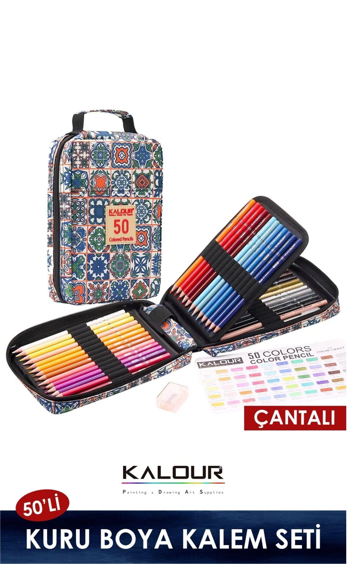 Kuru Boya Kalem Seti 50 Renk, Çantalı (Defter+Blender ve jel Kalem+Kalemtraş Hediyeli)