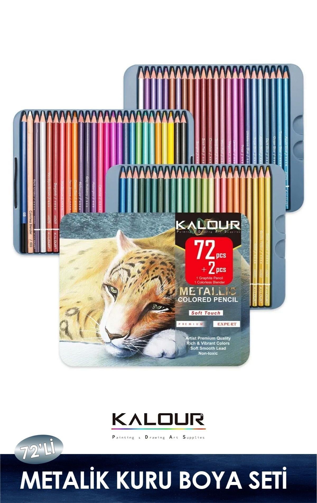 Metalik Kuru Boya Kalem Seti 72 Renk, Metal Kutulu (Defter+Blender Kalem Hediyeli)